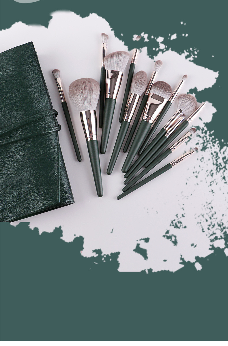 14PCS Green Makeup Brush Set Soft Bristles Wooden Handle Professional Cosmetic Brushes Full Kit