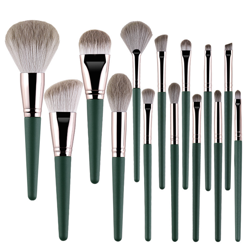 14PCS Green Makeup Brush Set Soft Bristles Wooden Handle Professional Cosmetic Brushes Full Kit