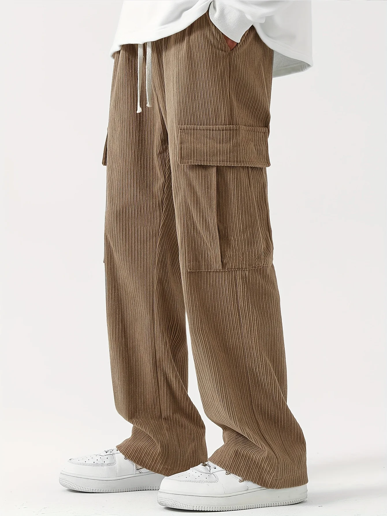 kkboxly  Corduroy Multi Flap Pockets Men's Straight Leg Cargo Pants, Loose Baggy Pant Casual Outdoor Pants, Men's Work Pants For Hiking Fishing Angling