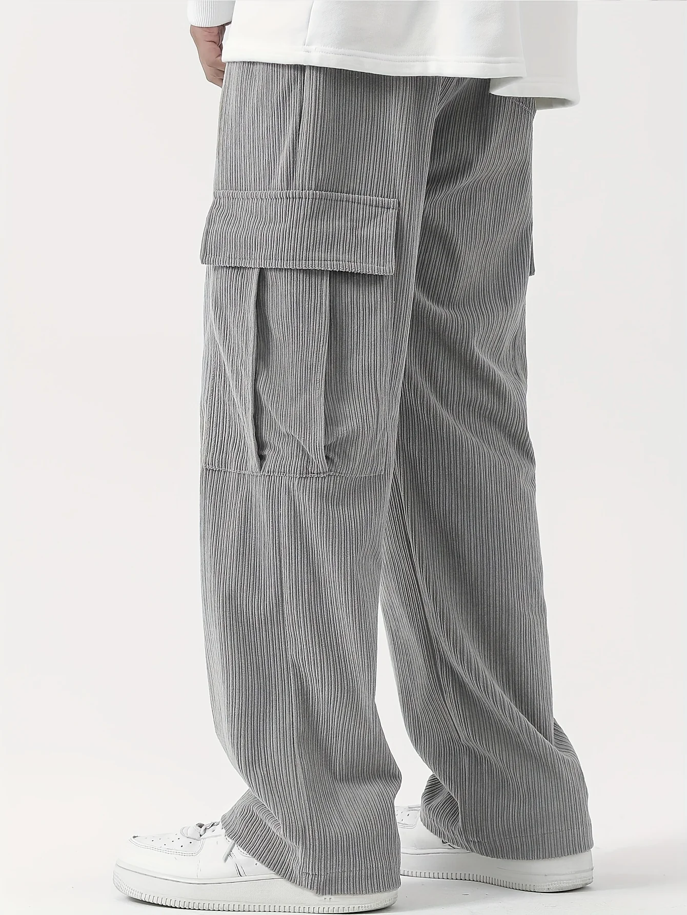 kkboxly  Corduroy Multi Flap Pockets Men's Straight Leg Cargo Pants, Loose Baggy Pant Casual Outdoor Pants, Men's Work Pants For Hiking Fishing Angling