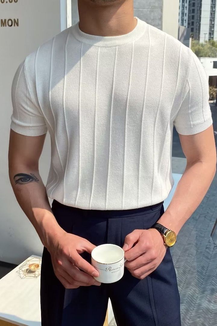 DONGJAK Solid Striped Knitted T-Shirt