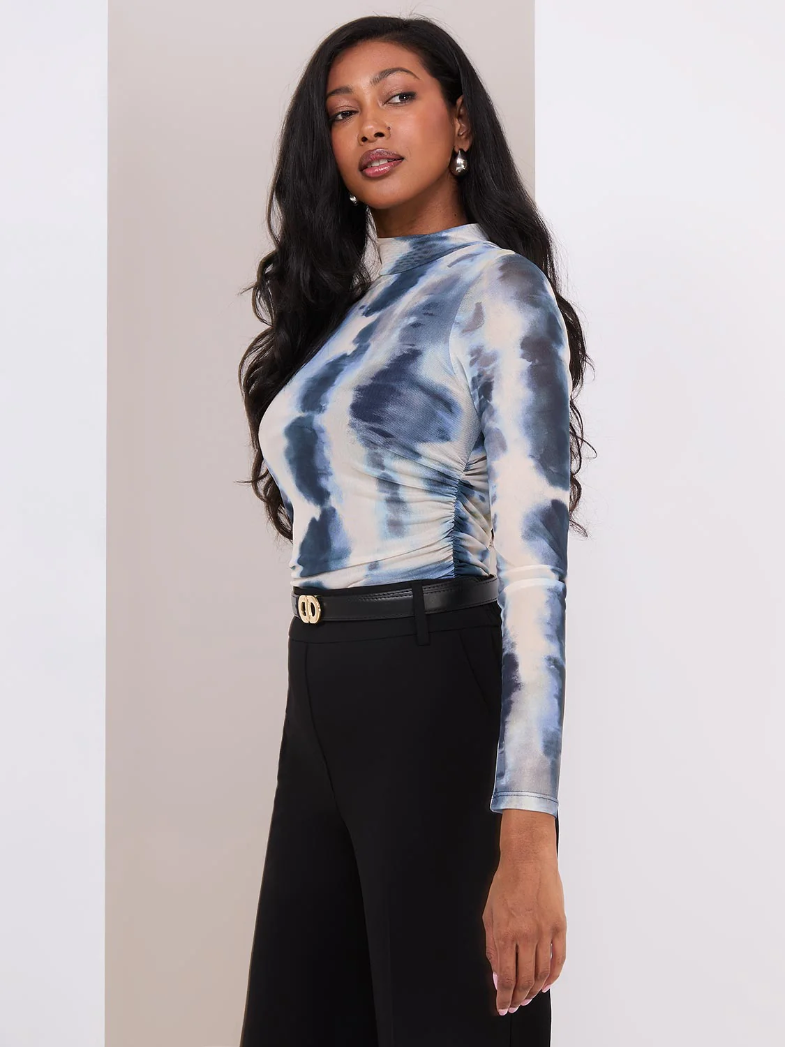 Printed Mesh Mock Neck Top