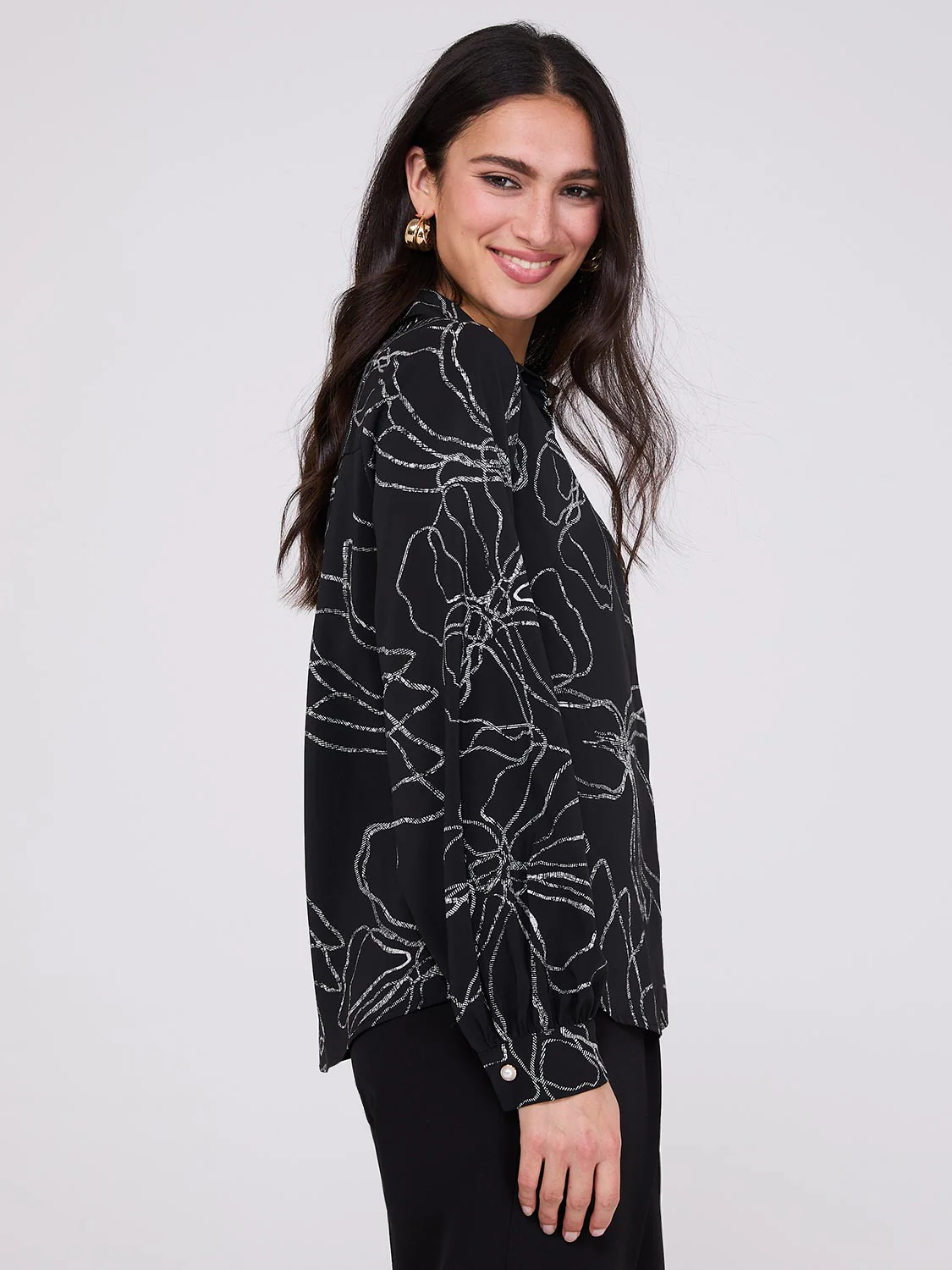 Silky Floral Print Button-Front Blouse