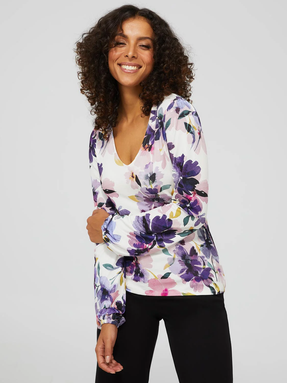 Floral Long Balloon Sleeve Top