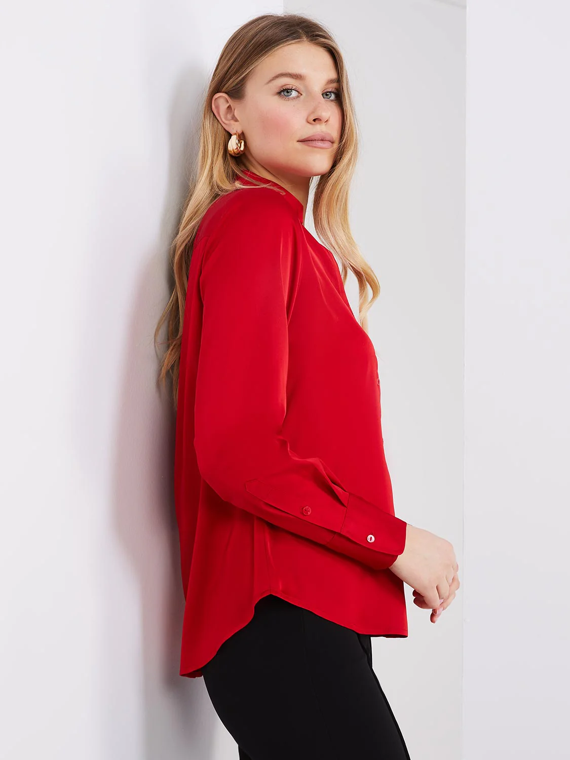 Satin Split Neck Button-Front Blouse