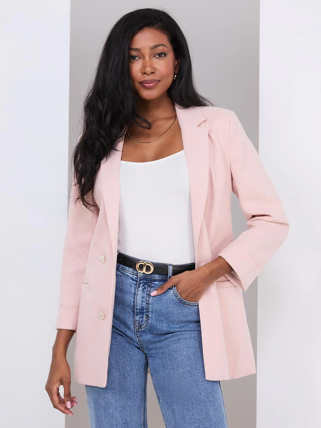 3/4 Sleeve Faux Double-Breasted Blazer