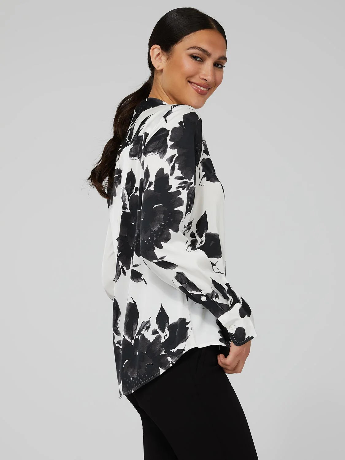 Printed Satin Split Neck Button-Front Blouse