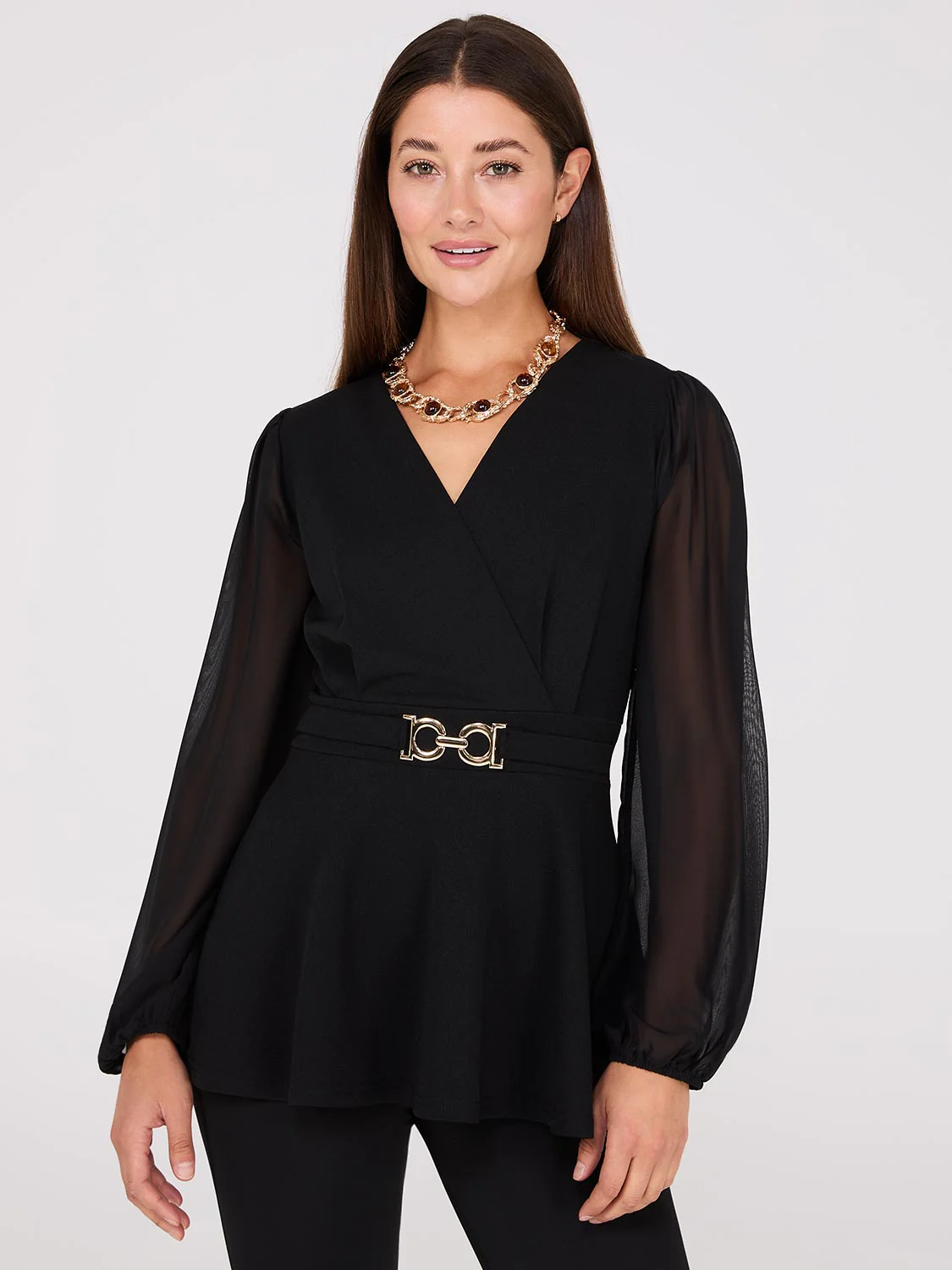 Crossover Peplum Top With Gold Buckle Belt