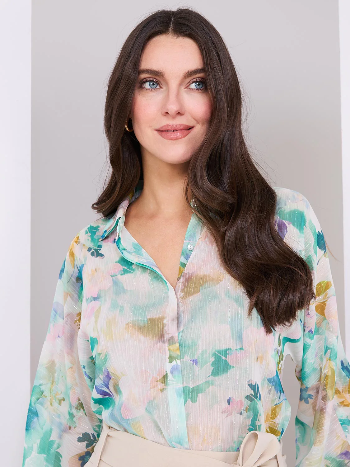 Floral Print Button-Front Chiffon Blouse