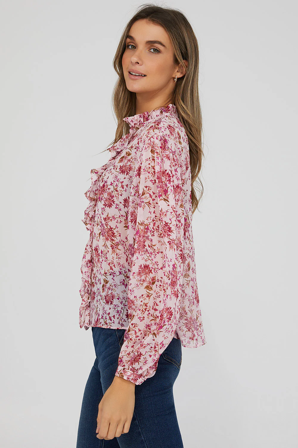 Printed Ruffled Long Sleeve Blouse