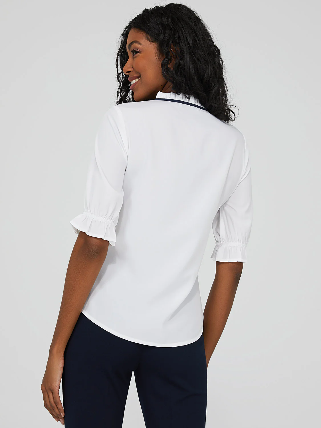 Ruffled Contrast Neckline V-Neck Top