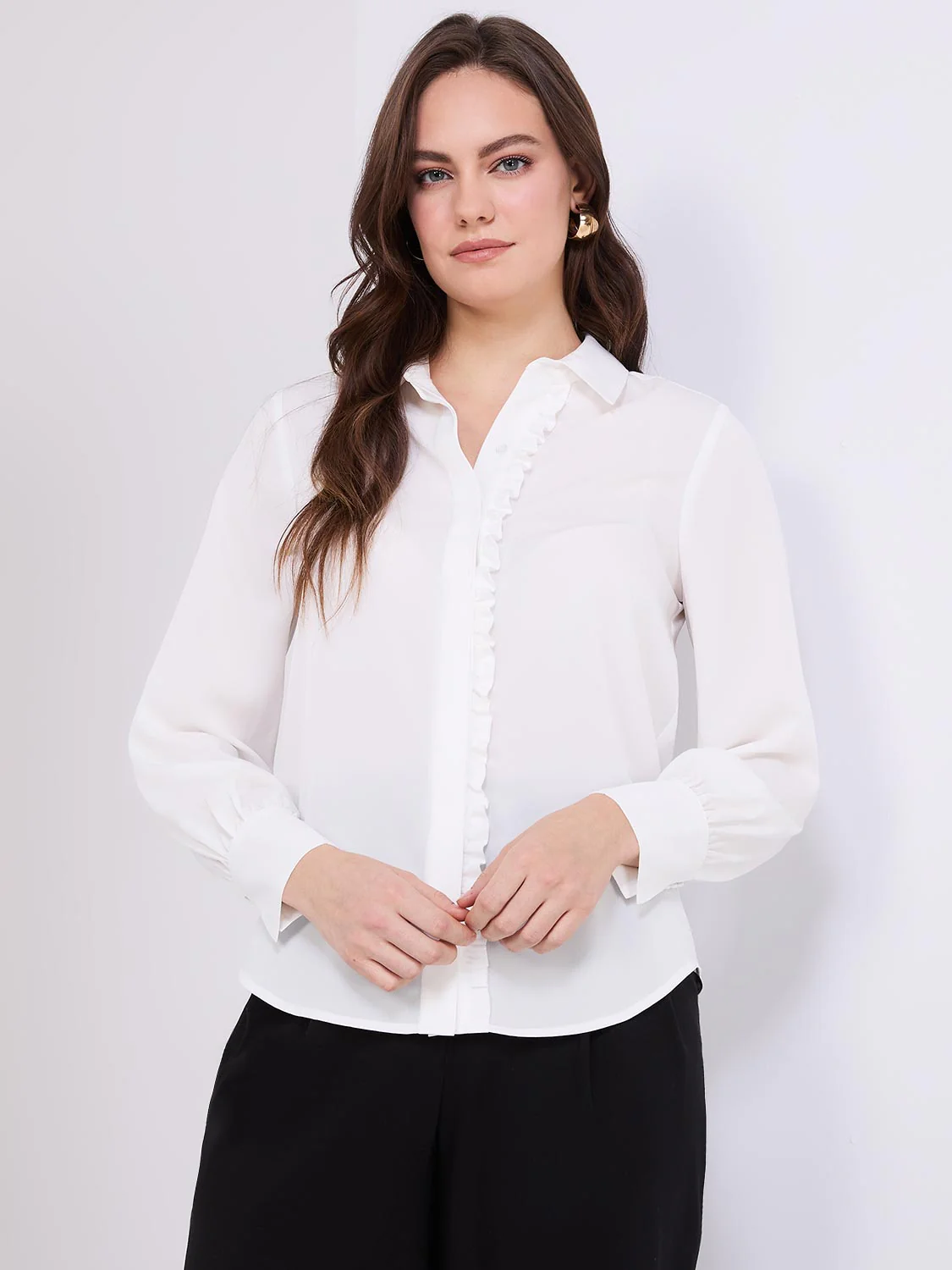 Button-Front Blouse With Ruffle Detail
