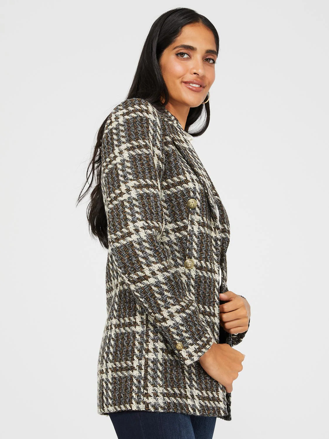 6-Button Plaid Boucle Blazer