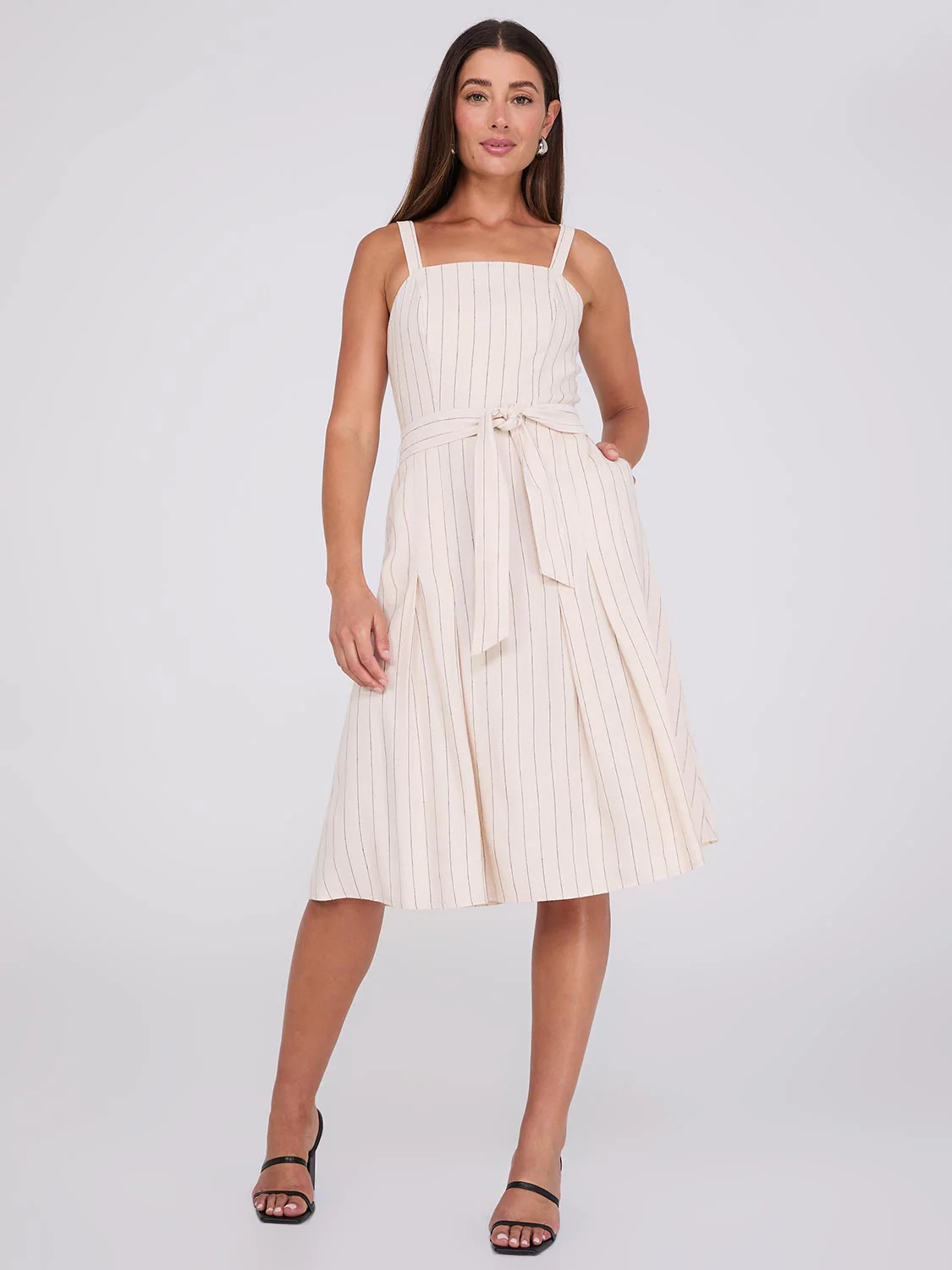 Striped Linen Knee Length Dress With Pockets