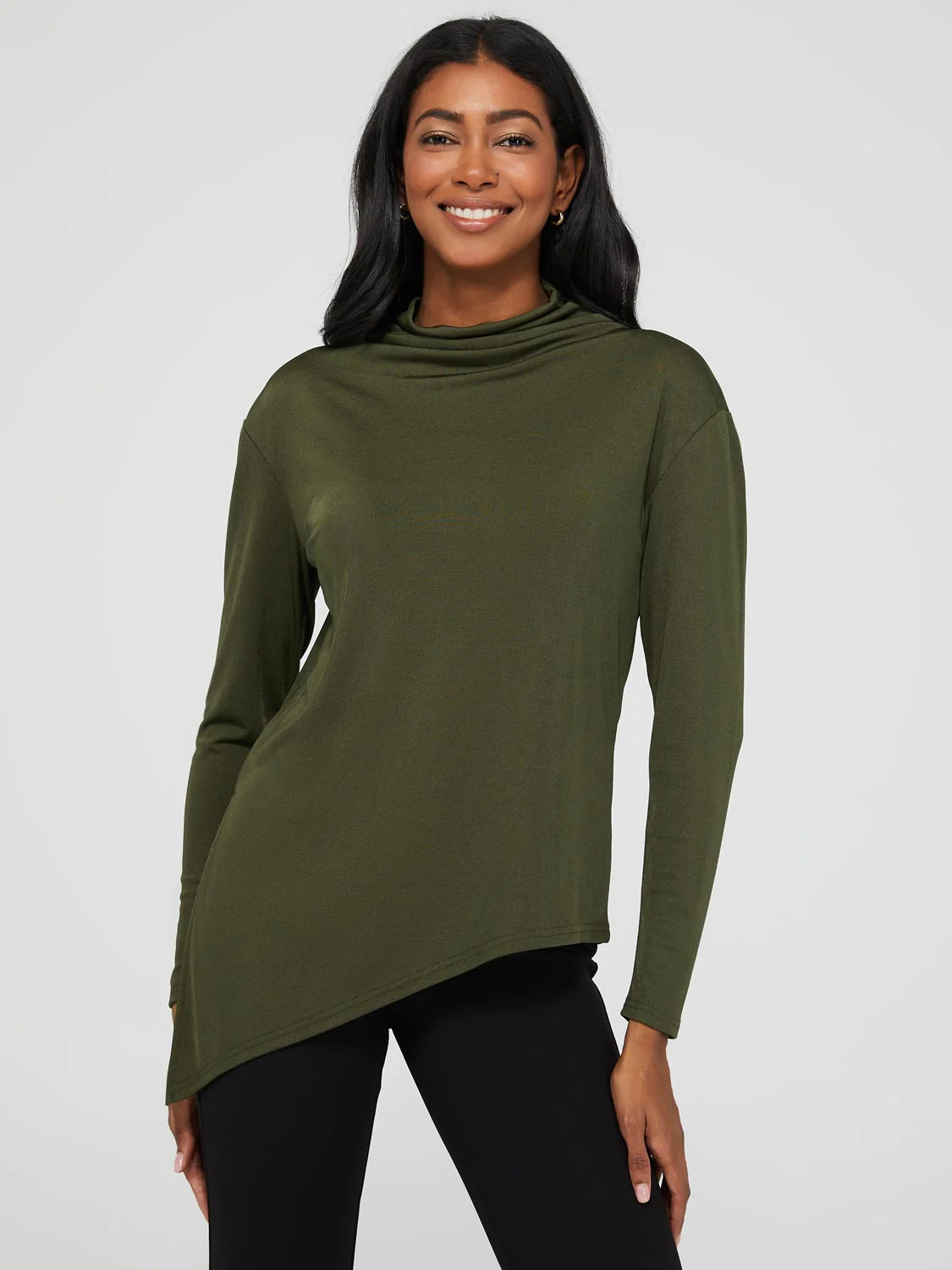Funnel Neck Slinky Top With Asymmetrical Hem