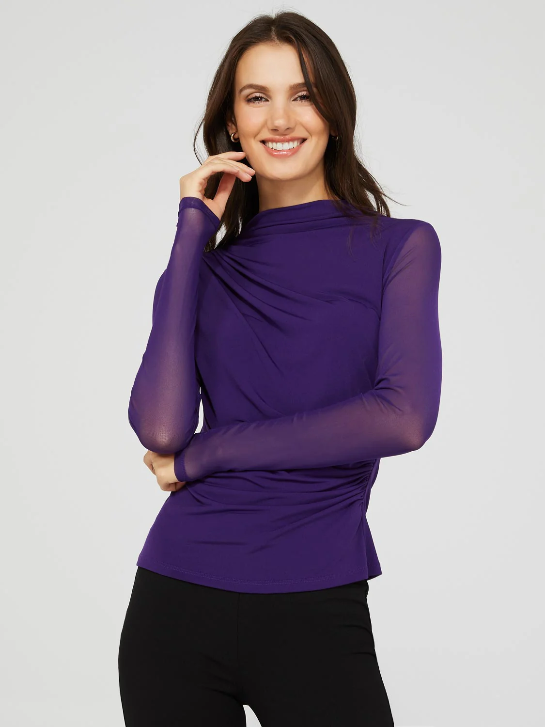 Mock Neck Ruched Jersey Top With Mesh Long Sleeves