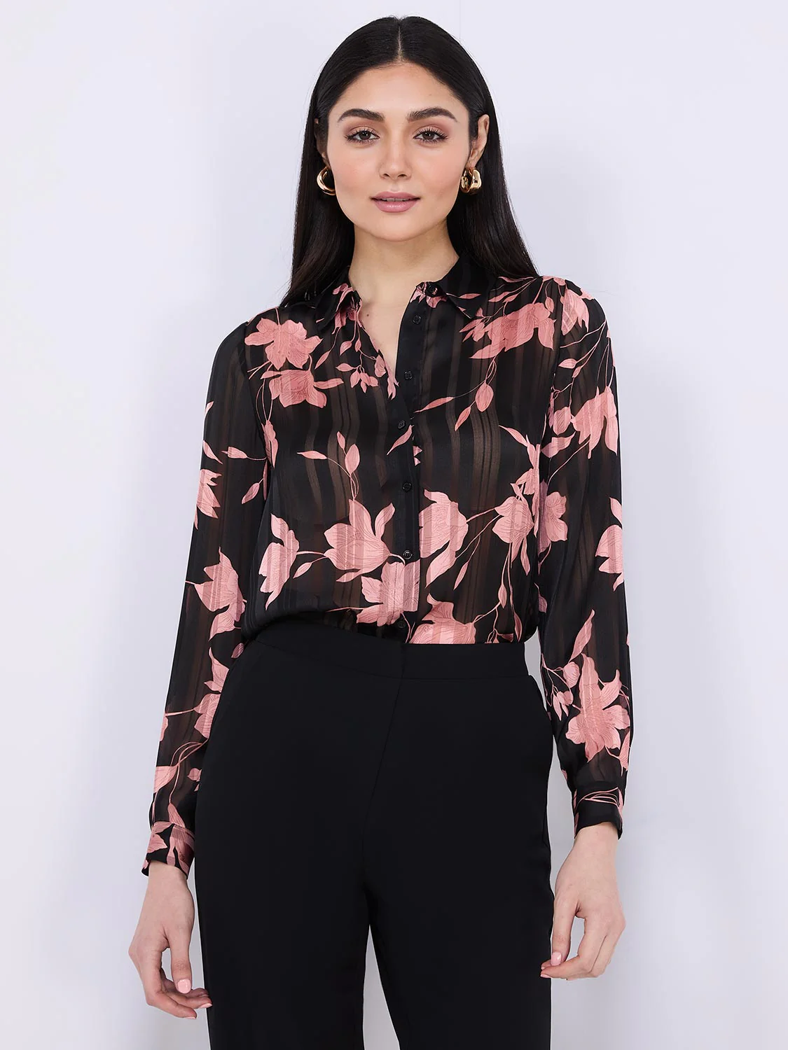 Floral Print Shadow Stripe Button-Front Blouse