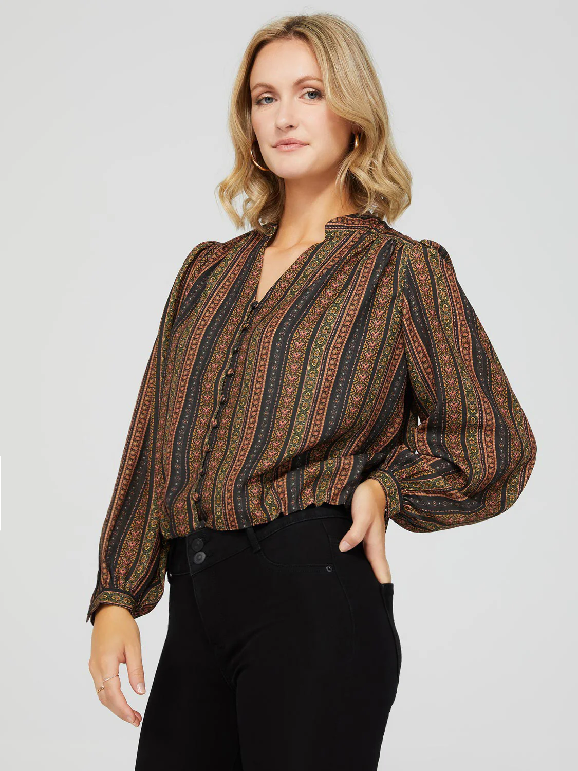 Ribbon Print Button-Front Blouse