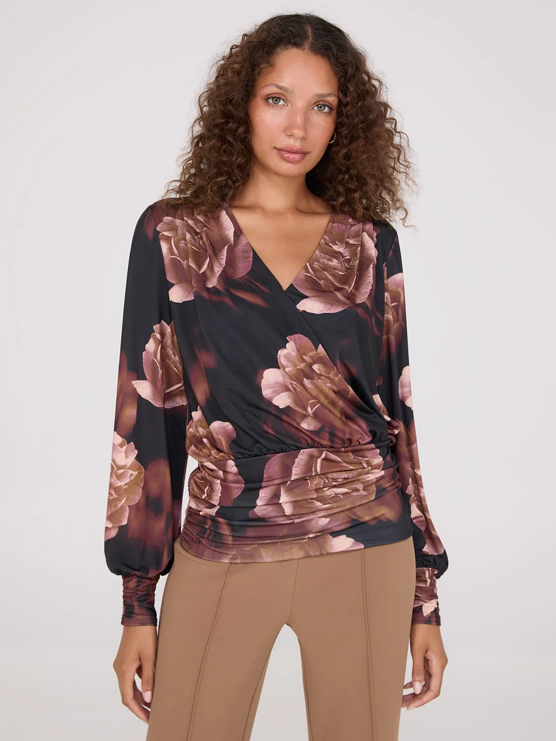Printed Crossover Top With Ruched Details
