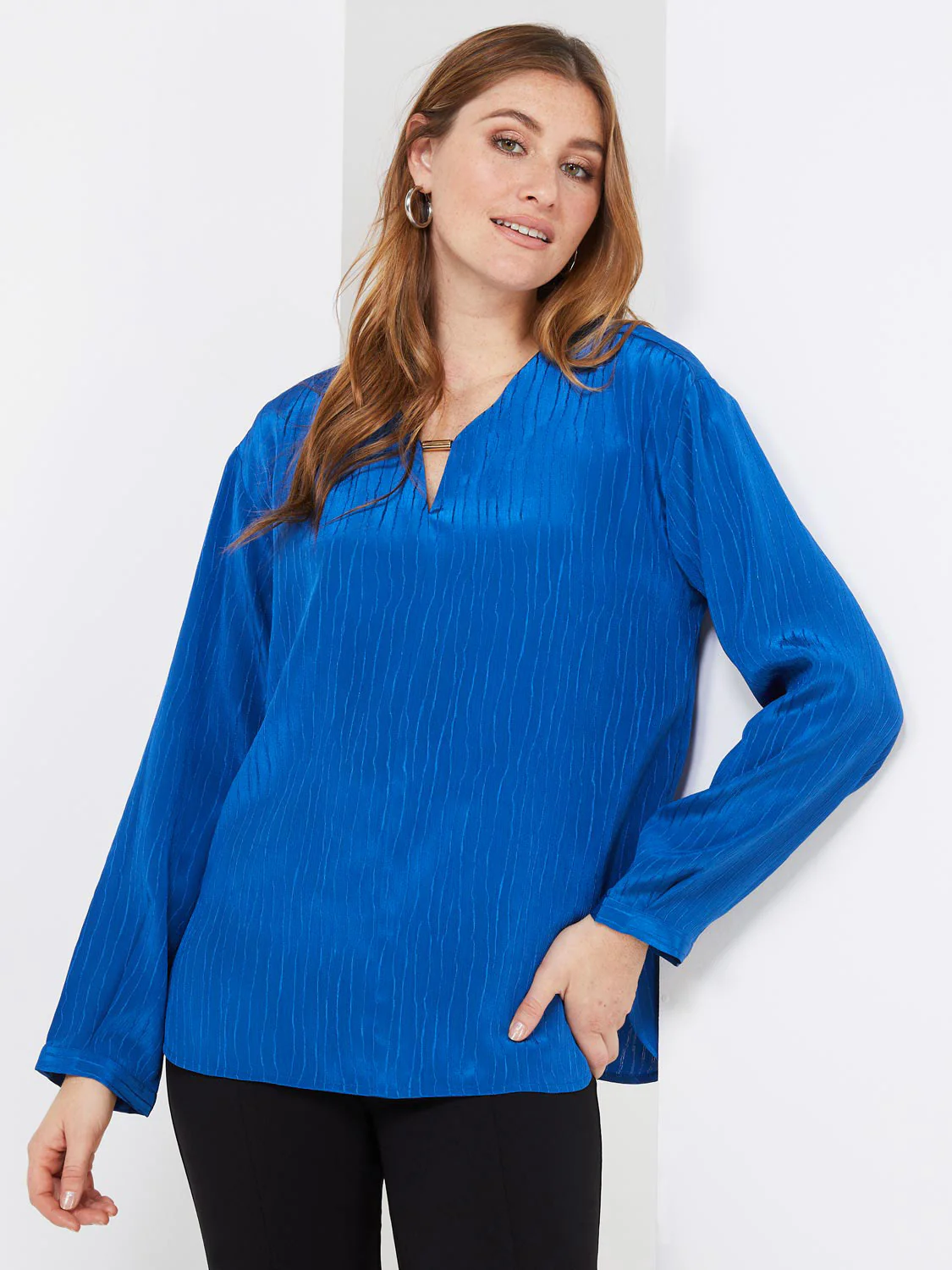 Textured V-Neck Blouse With Hardware Detail