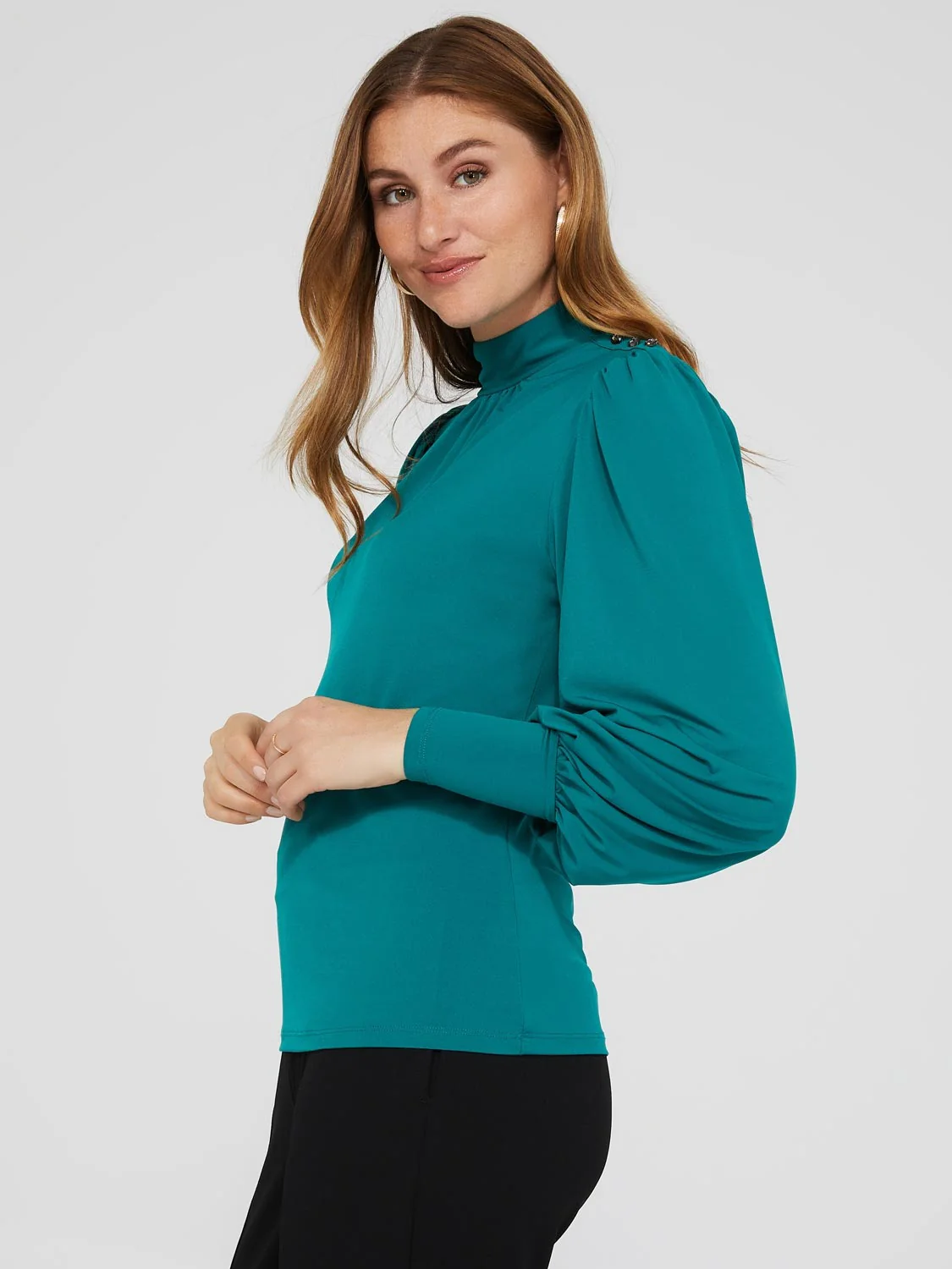 Balloon Sleeve Mock Neck Top With Detail