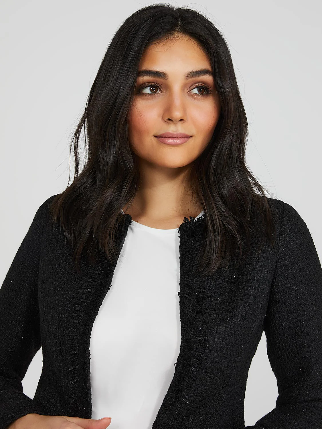 Waisted Boucle Blazer With Fringe Details