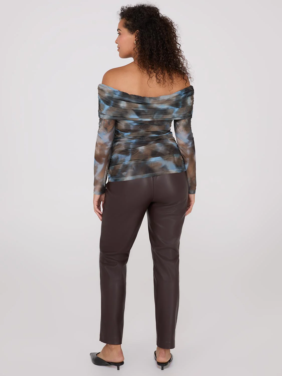 Ruched Off-The-Shoulder Printed Mesh Top