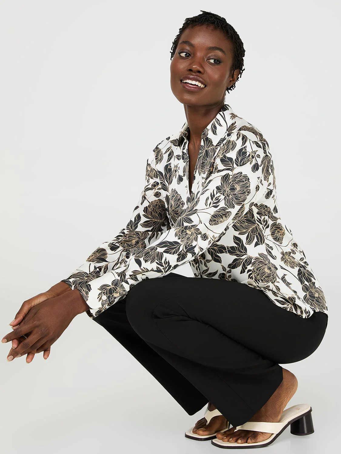 Floral Print Satin Button-Front Blouse