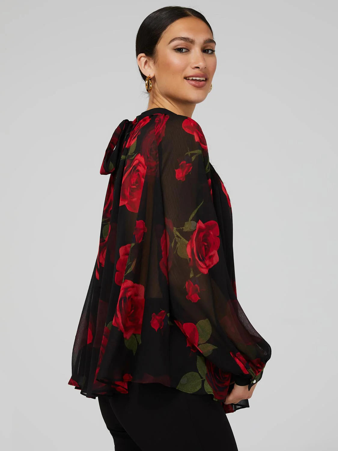 Floral Print Chiffon High Neck Blouse With Voluminous Sleeves