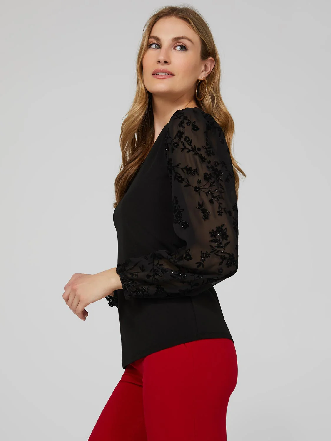 Round Neck Top With Sheer Chiffon Long Sleeves