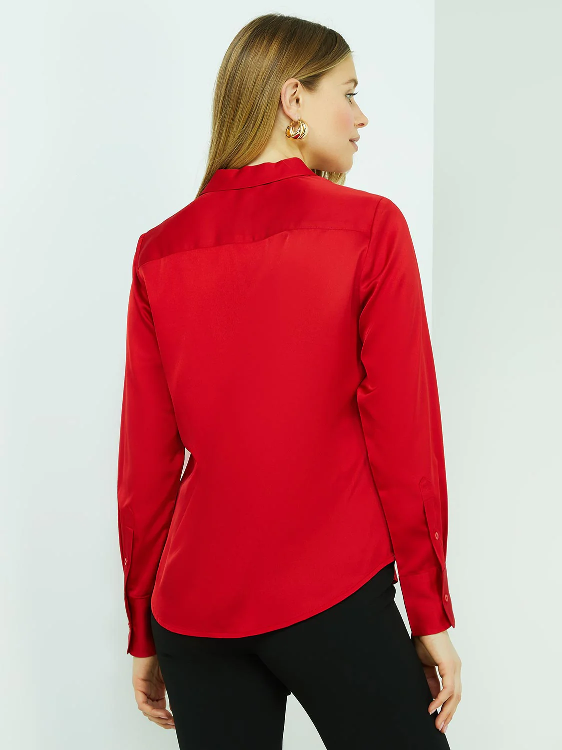 Satin Split Neck Button-Front Blouse