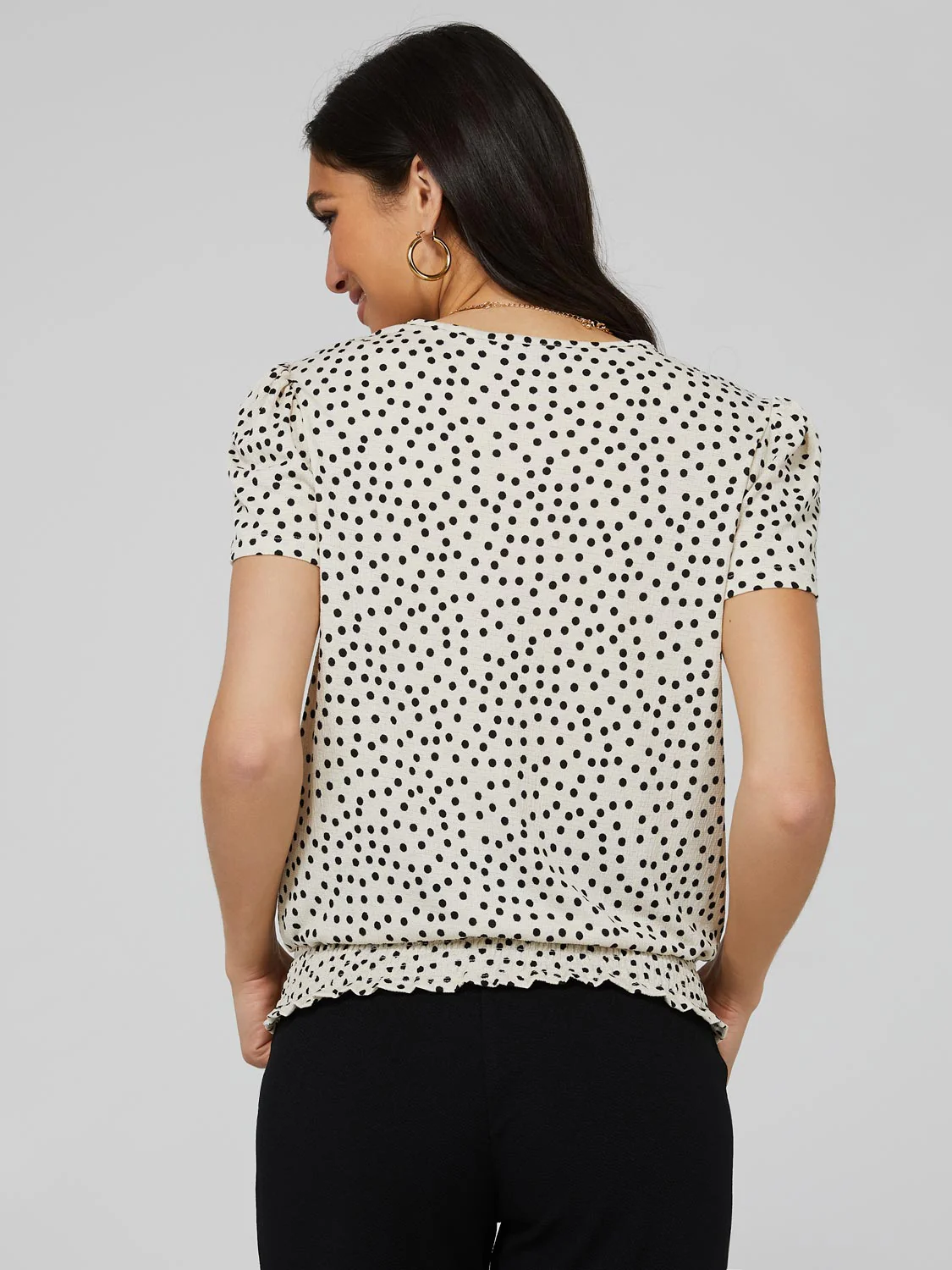 Polka Dot Textured T-Shirt With Smocked Bottom Band
