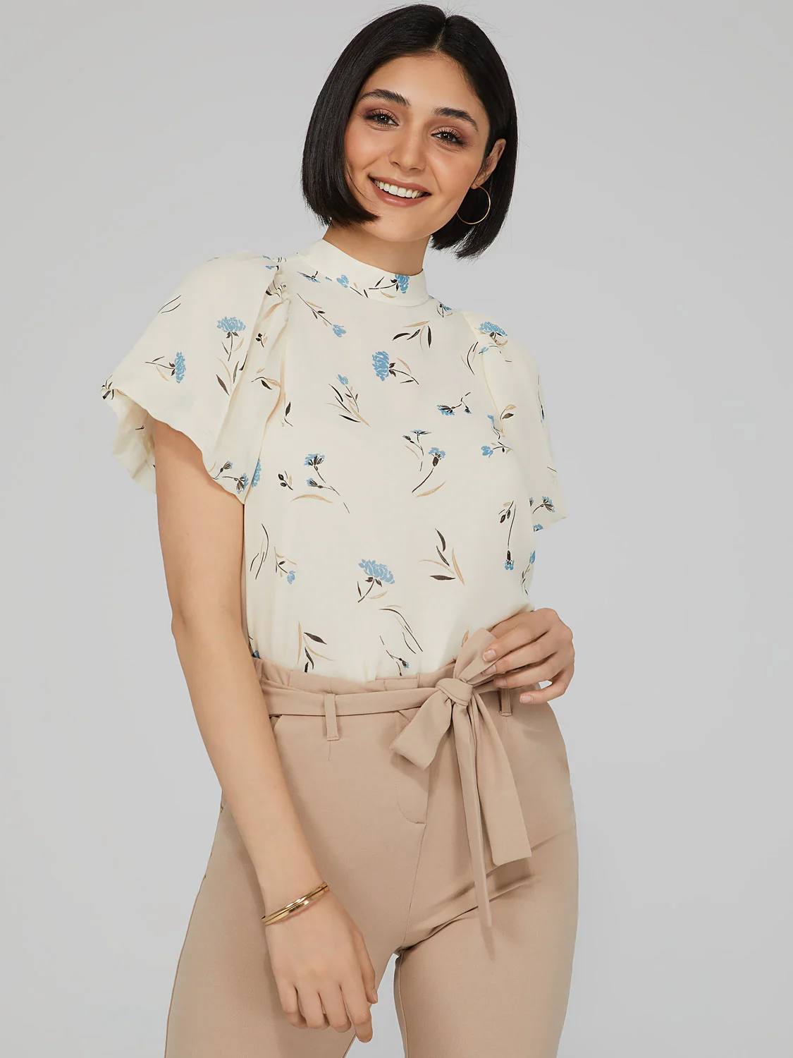 Printed Mock Neck Blouse With Open Back