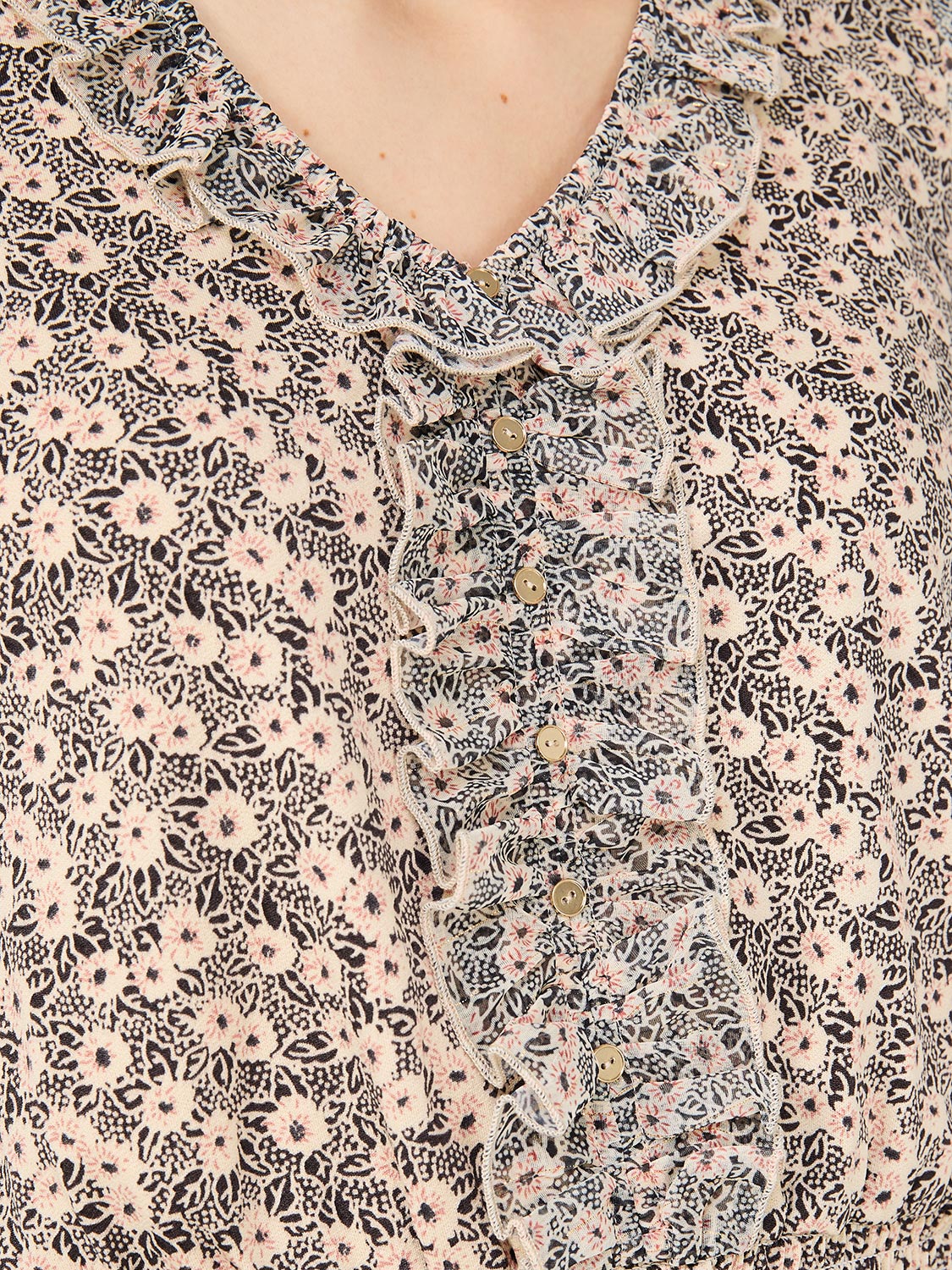 Printed Textured V-Neck Top With Smocked Bottom Band