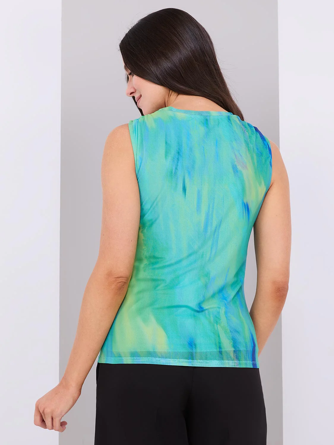 Sleeveless Abstract Print Mesh Top