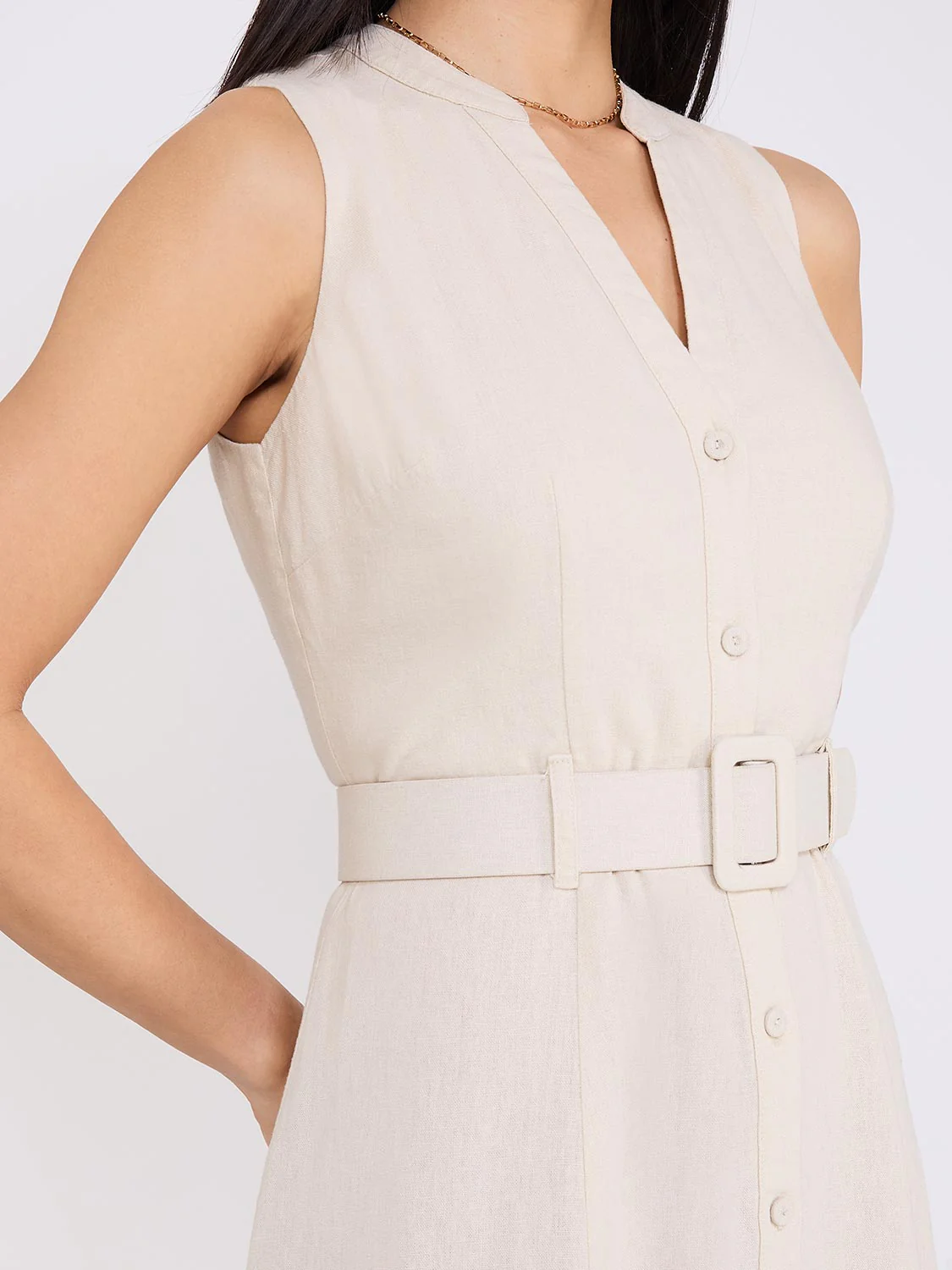 Linen Split Neck Belted Fit & Flare Dress