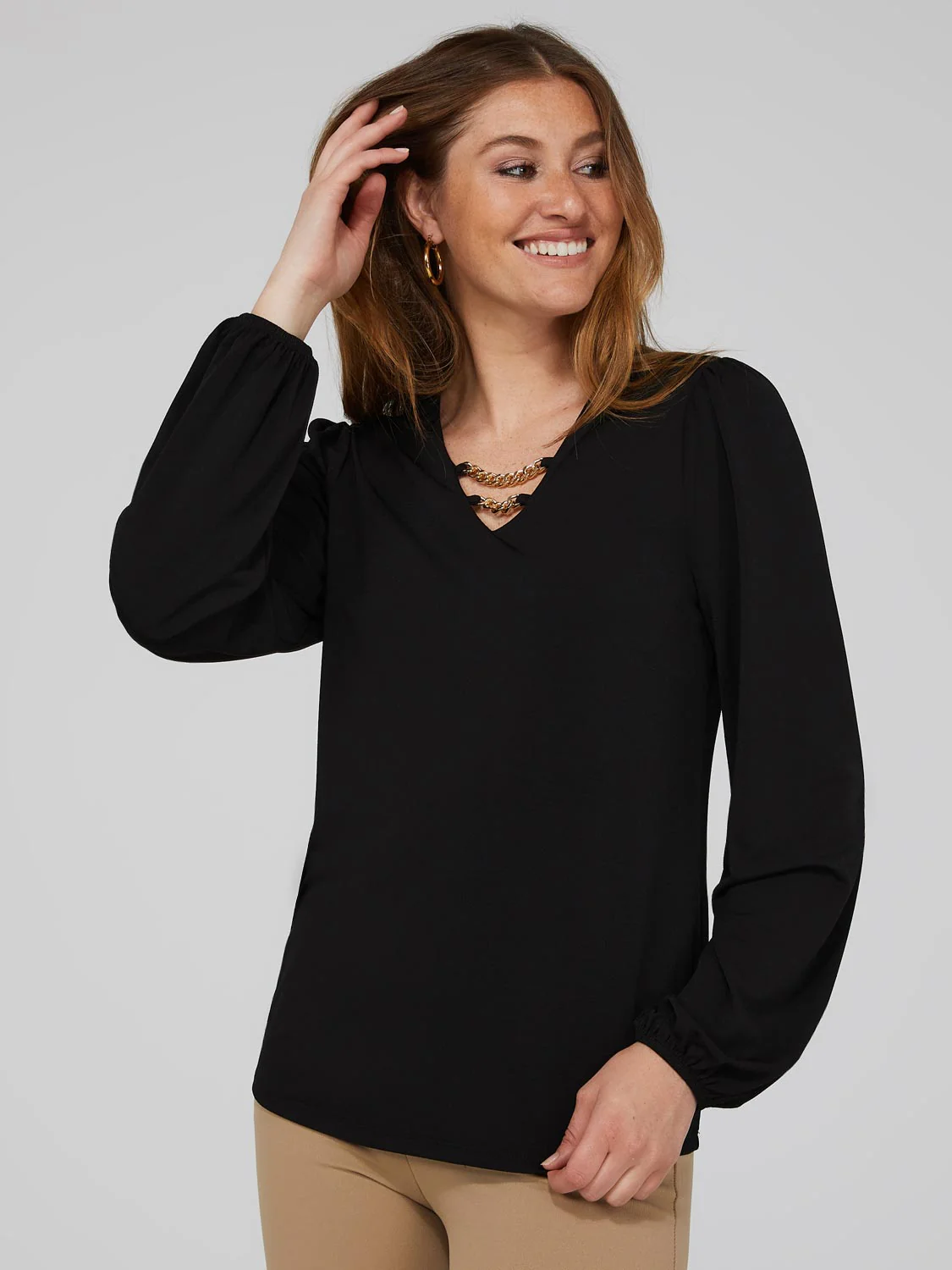 Textured Crepe Long Sleeve Top With Metal Chain Detail
