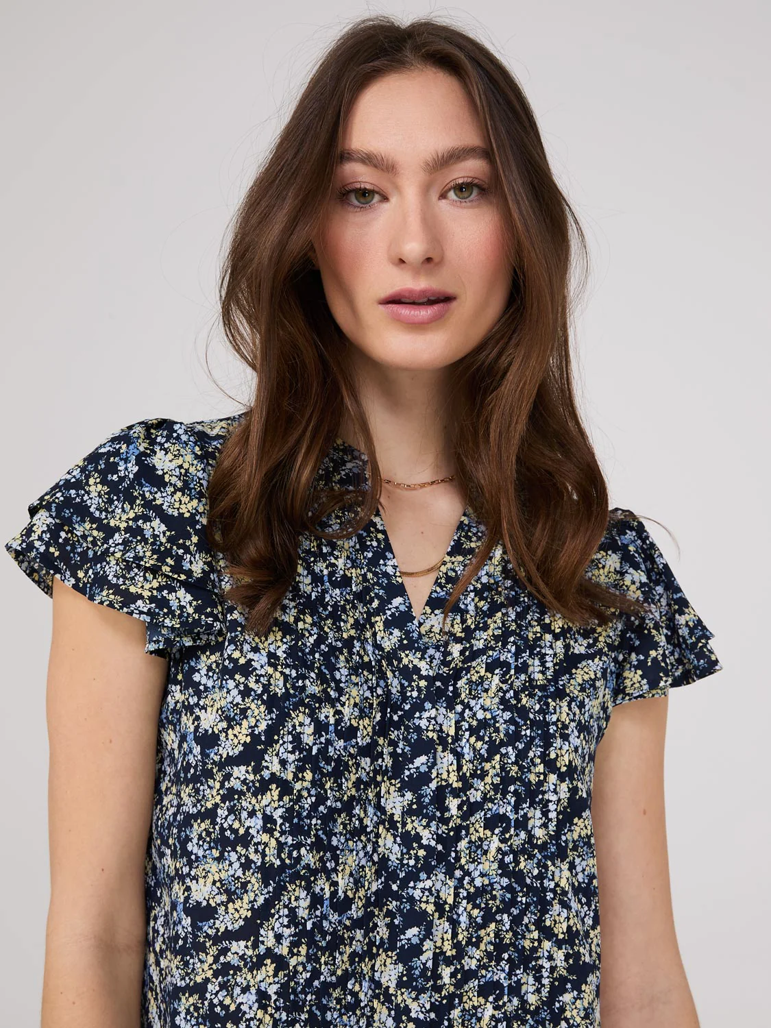 Floral Print Flutter Sleeve Button-Front Blouse