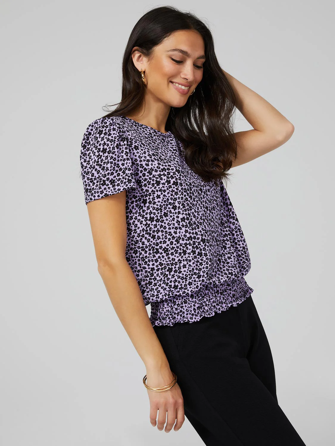 Printed Textured T-Shirt With Smocked Bottom Band