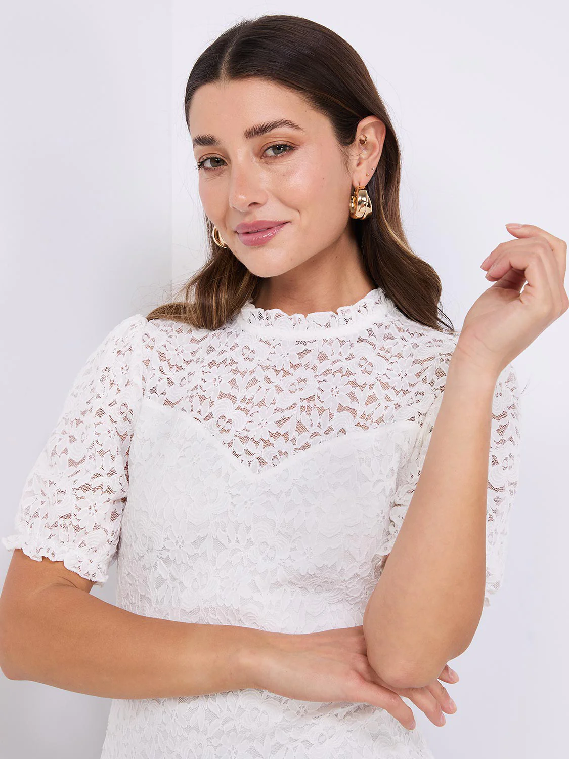 Floral Lace Mock Neck Short Sleeve Top