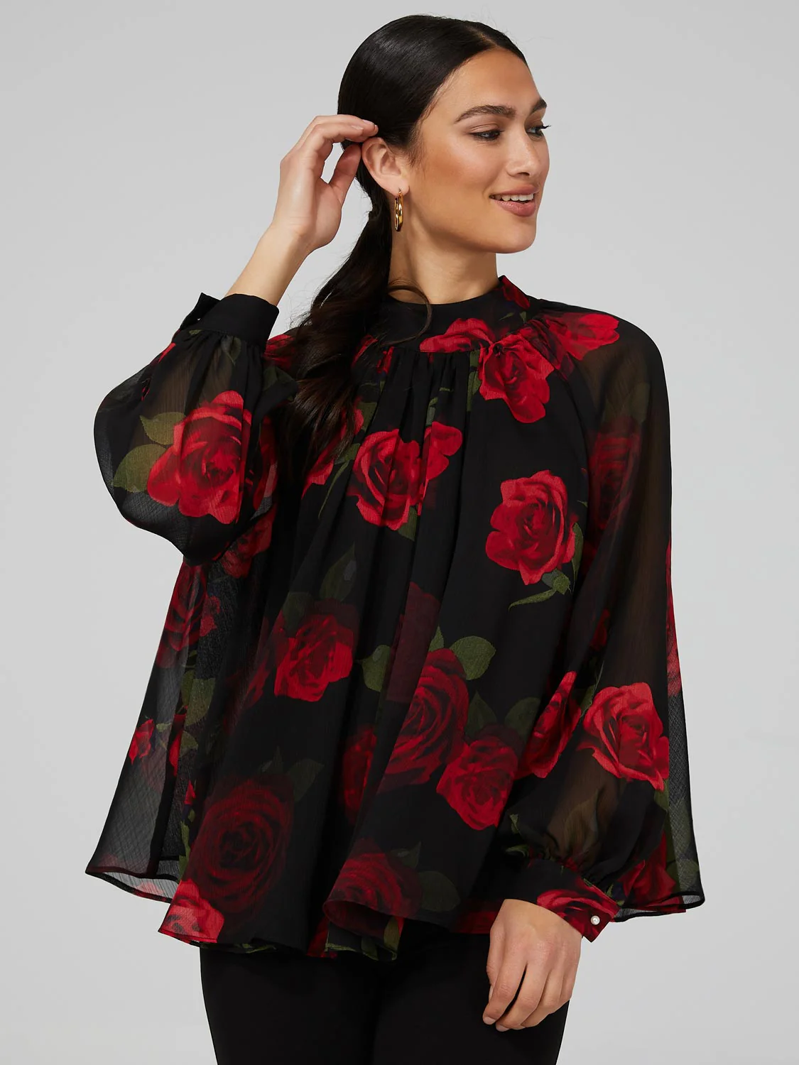Floral Print Chiffon High Neck Blouse With Voluminous Sleeves