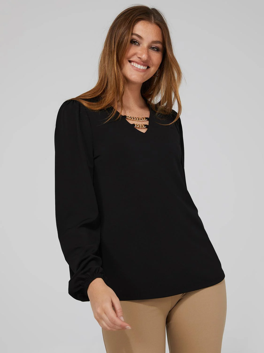 Textured Crepe Long Sleeve Top With Metal Chain Detail