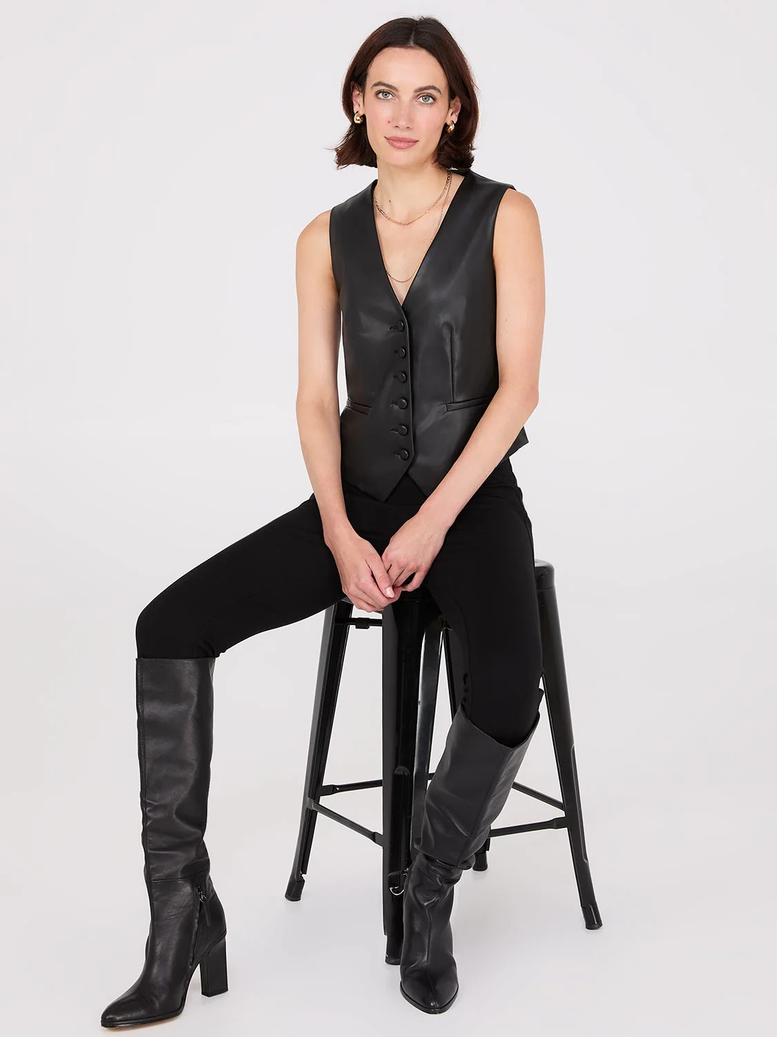 Faux Leather Button-Front Vest