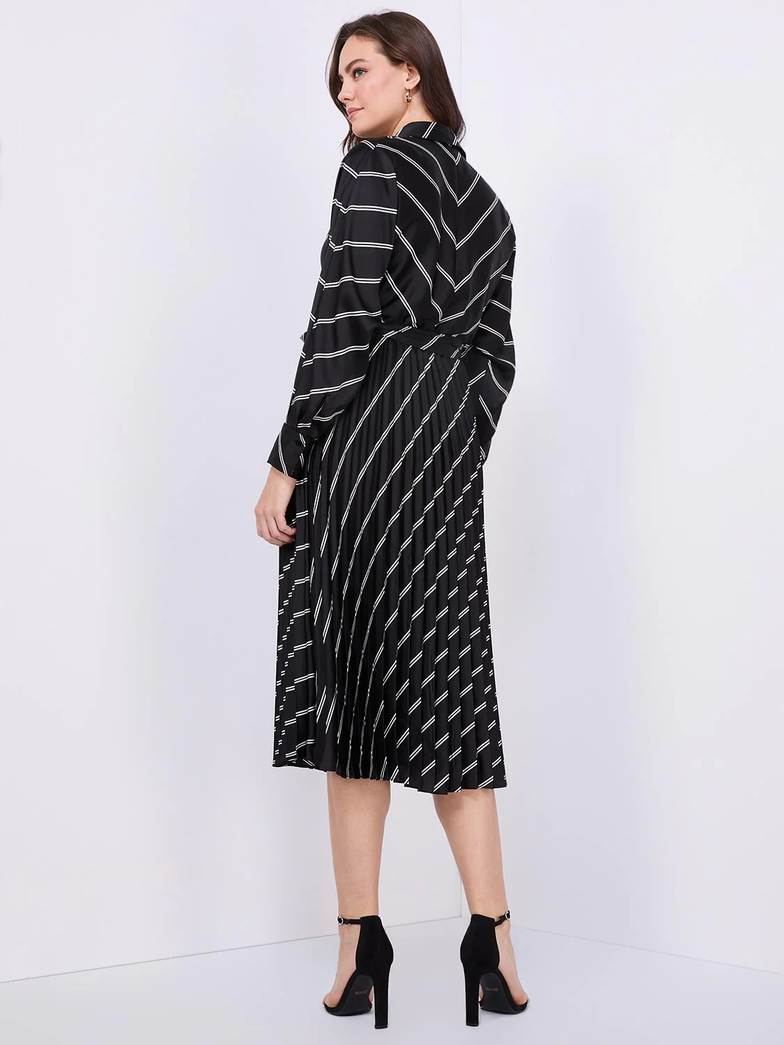 Striped Satin Button-Front Midi Dress