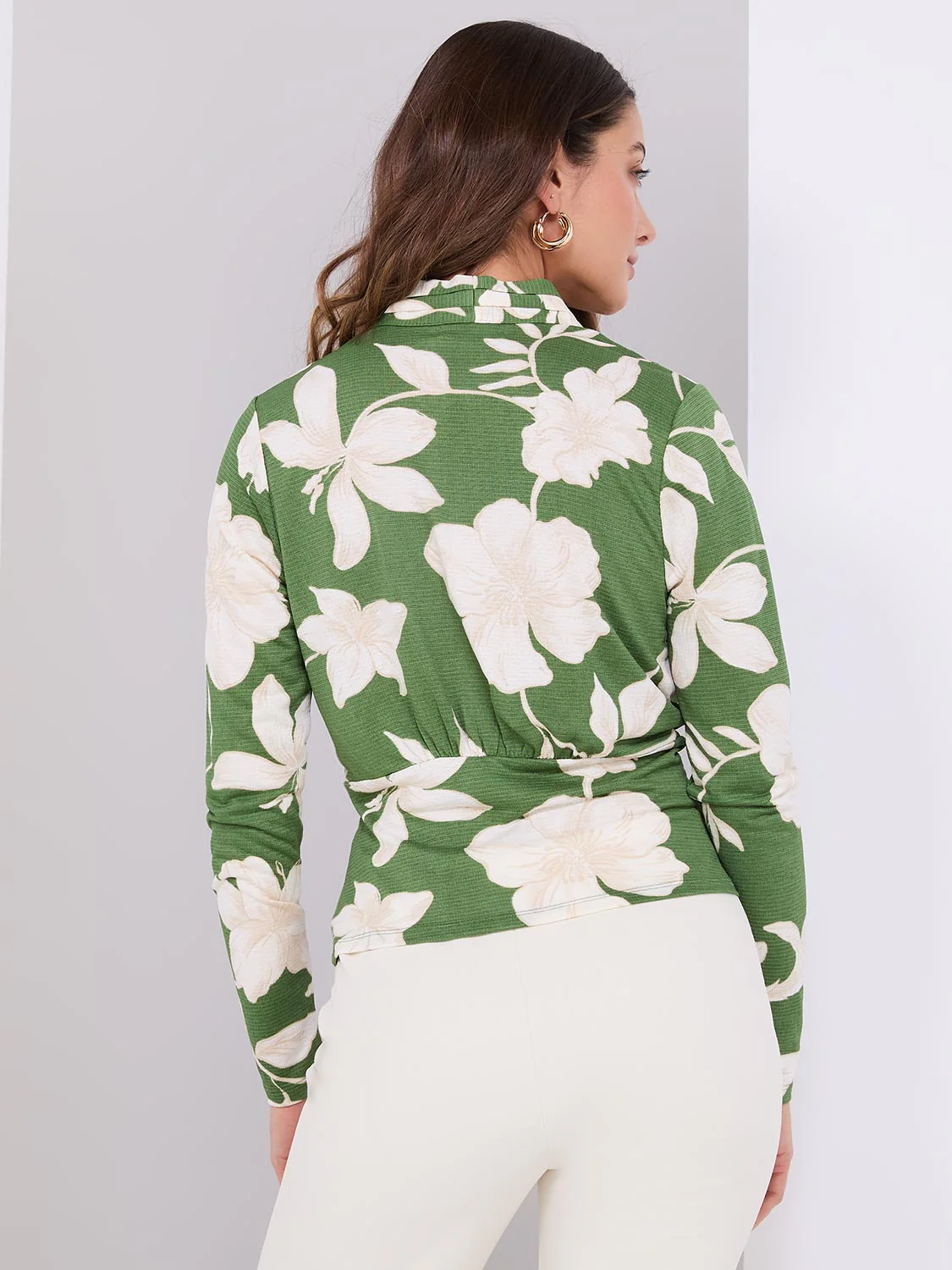 Textured Floral Print Pleated V-Neck Top