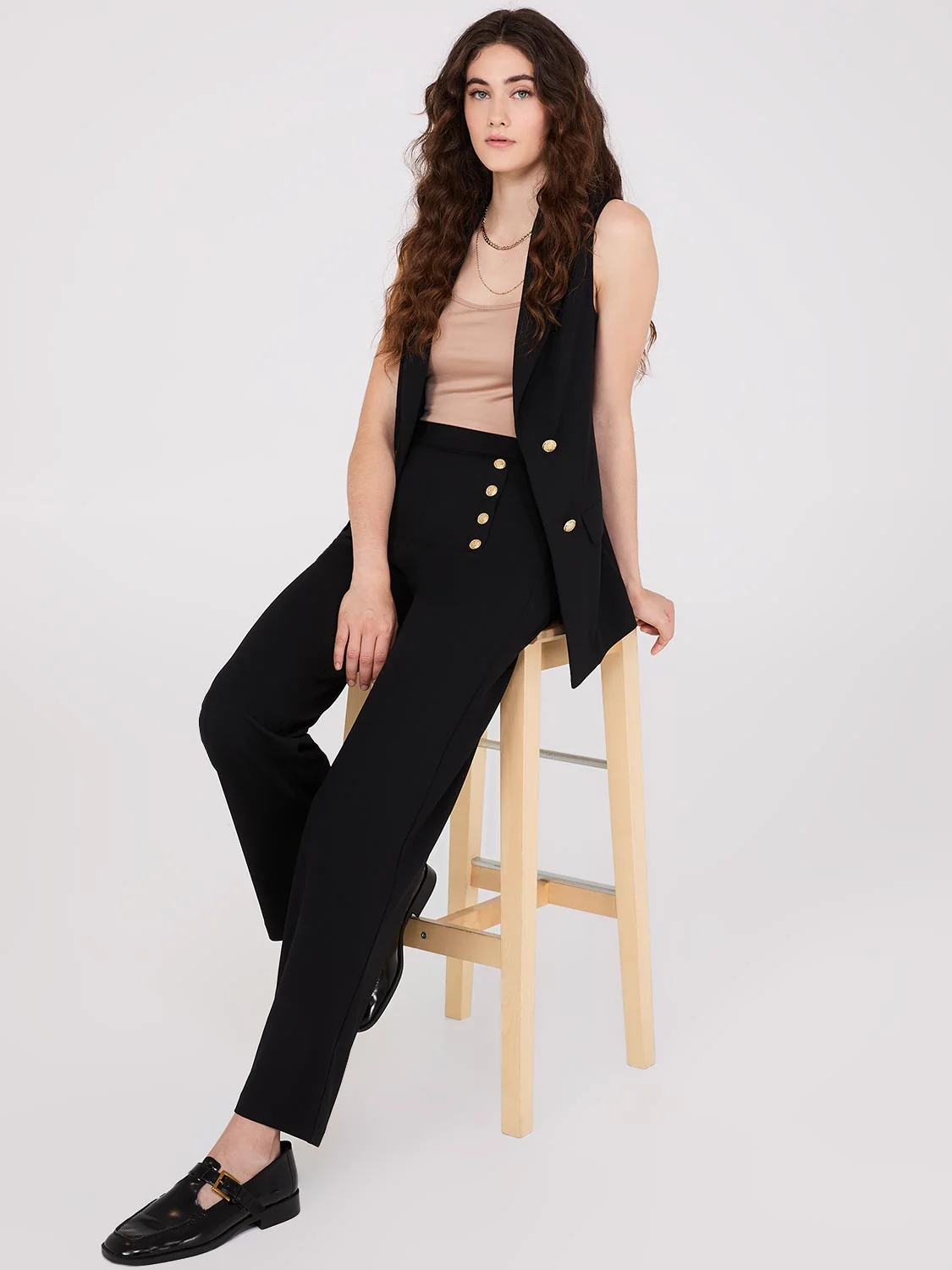 Wide-Leg Ankle Length Pants With Gold Button Details