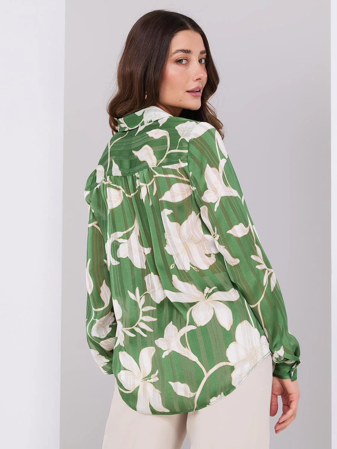 Printed Shadow Stripe Button-Front Blouse