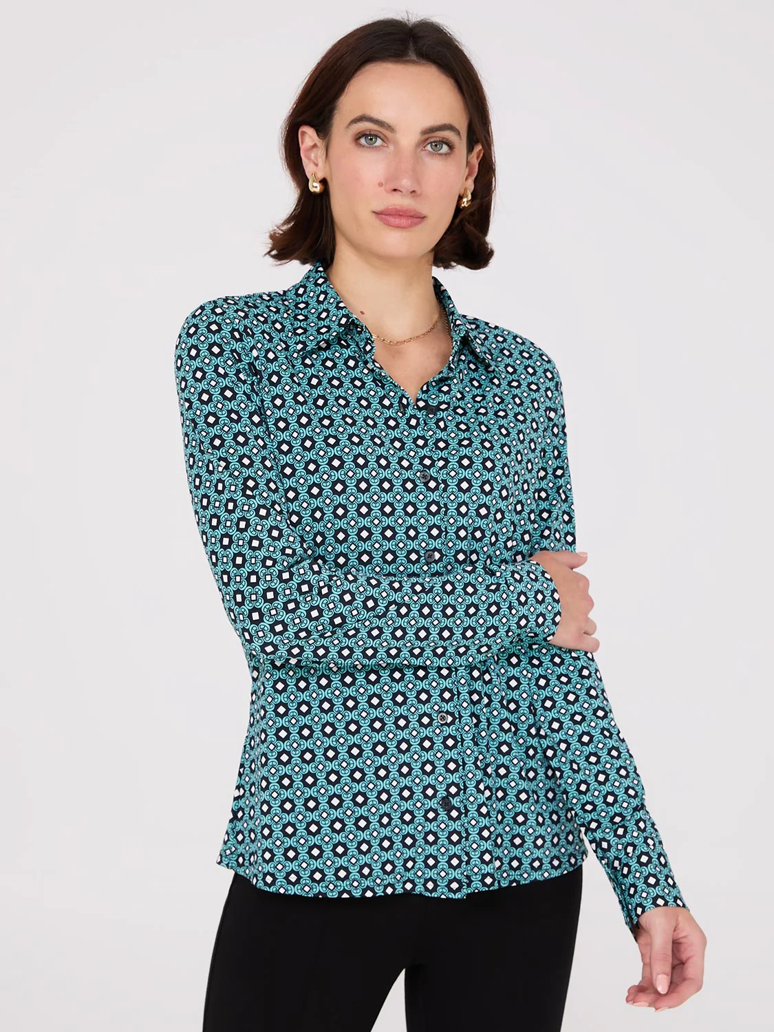 Printed Button-Front Classic Blouse