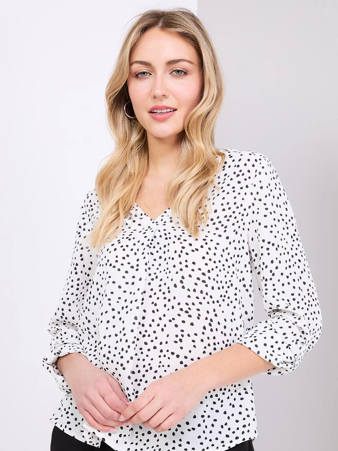 Printed V-Neck Long Sleeve Popover Blouse