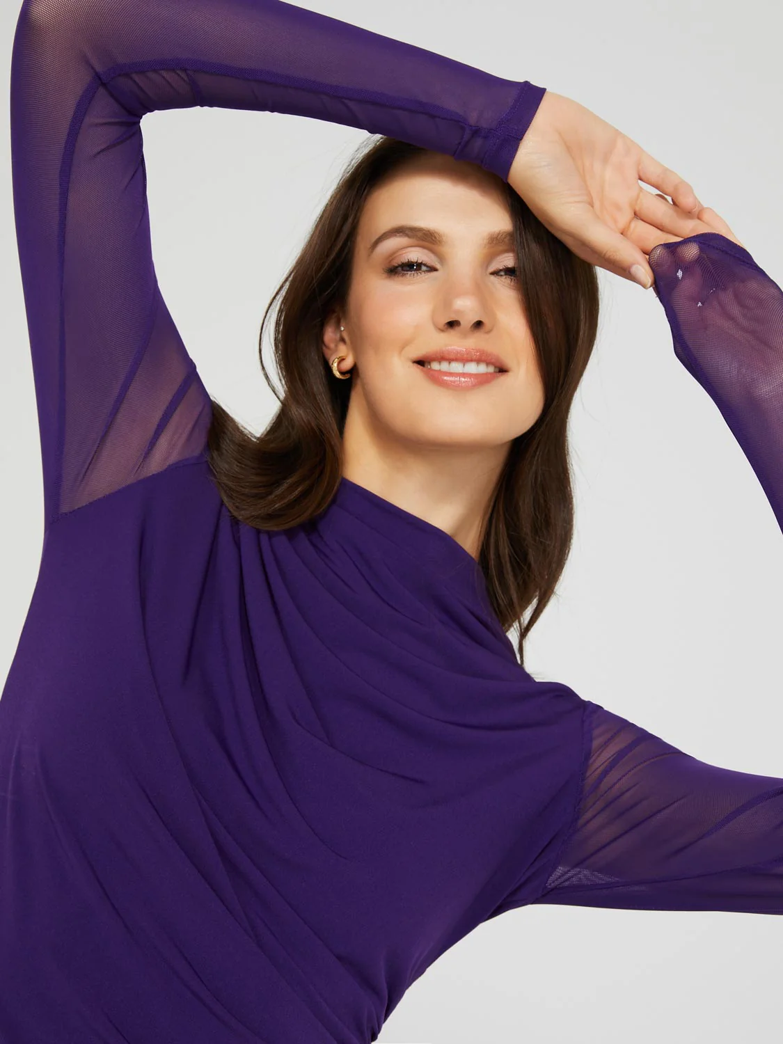 Mock Neck Ruched Jersey Top With Mesh Long Sleeves